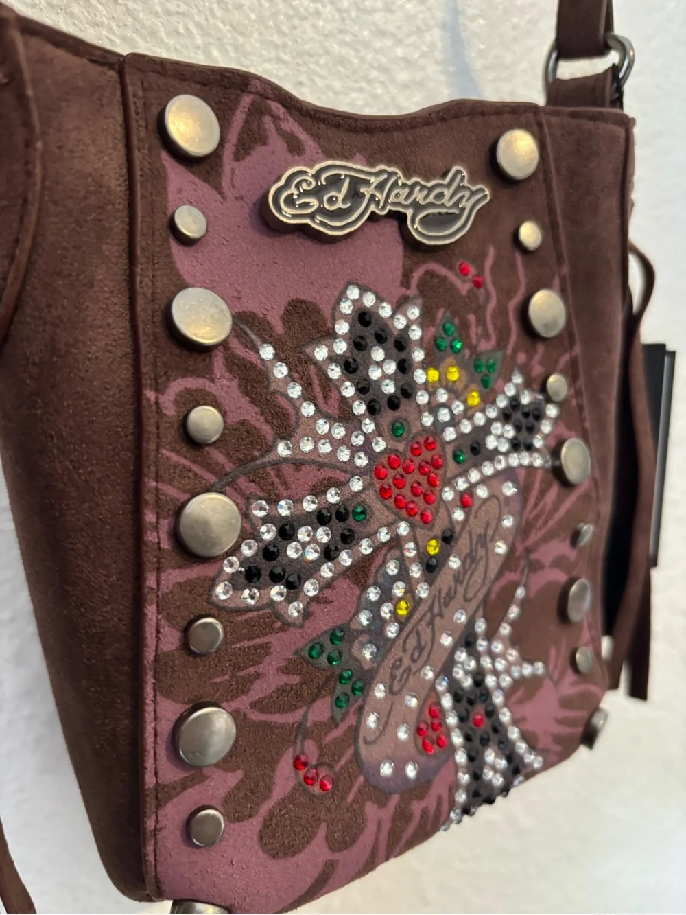Ed Hardy Brown Suede Crossbody with Rhinestone Cross